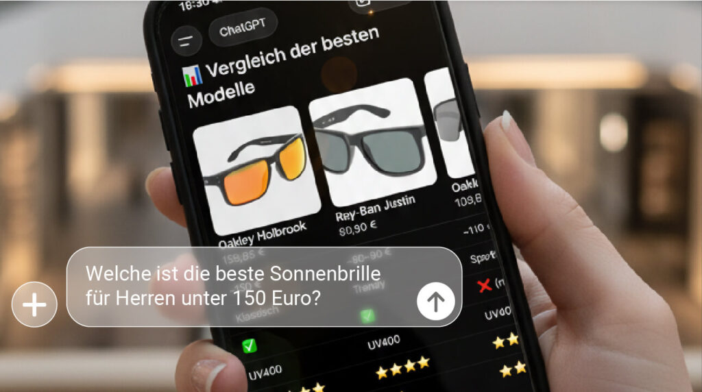 Smartphone zeigt ChatGPT‑Vergleich von Sonnenbrillen unter 150 Euro