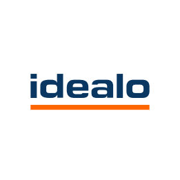 Innovatives Logo von Idealo mit blauer Schrift und orange Linie auf weißem Hintergrund.