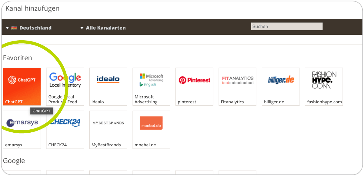 Channel overview with ChatGPT, Google, idealo, and other platforms.