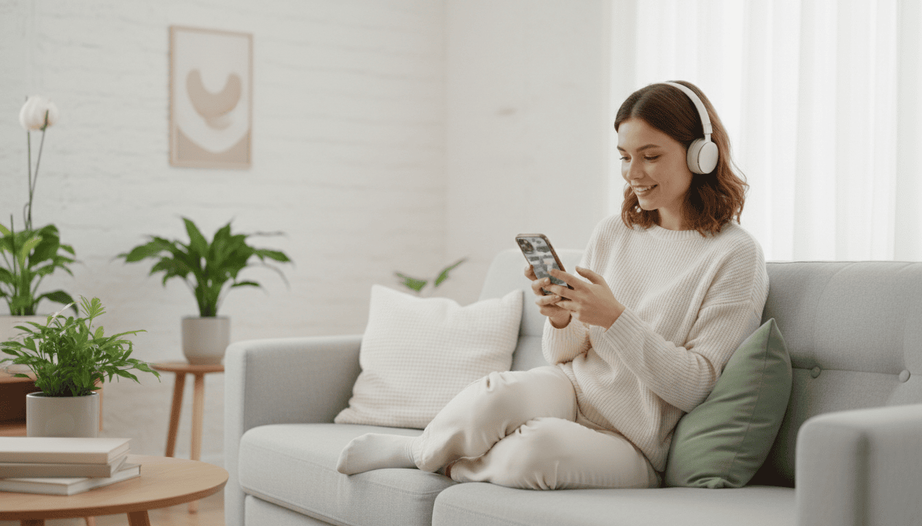 Frau mit Kopfhörern nutzt Smartphone im Wohnzimmer.