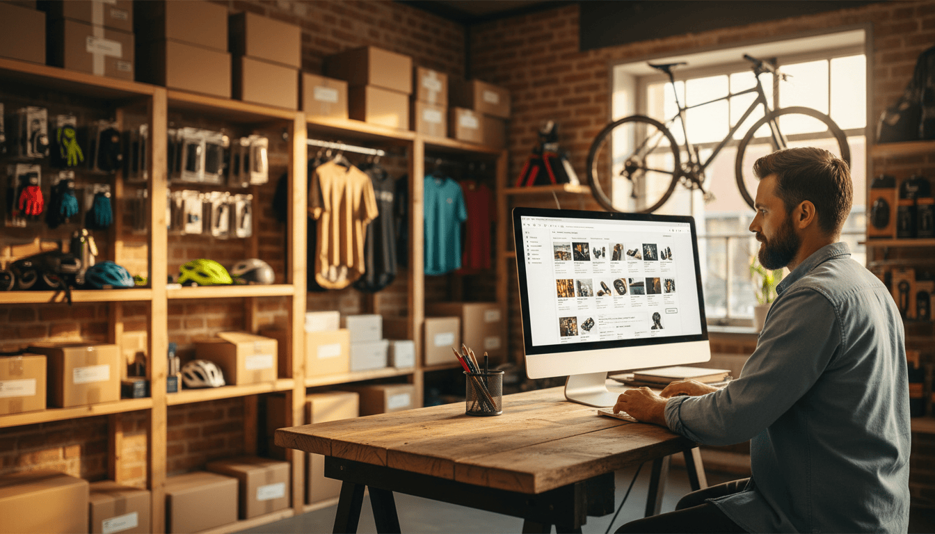 Mann arbeitet am Computer im modernen Lager mit Fahrrad- und Ausrüstungssortiment.